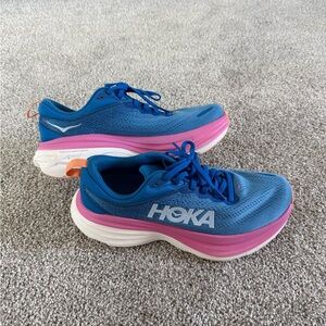 Hoka Bondi 8 Blue and Pink Athletic Sneakers
